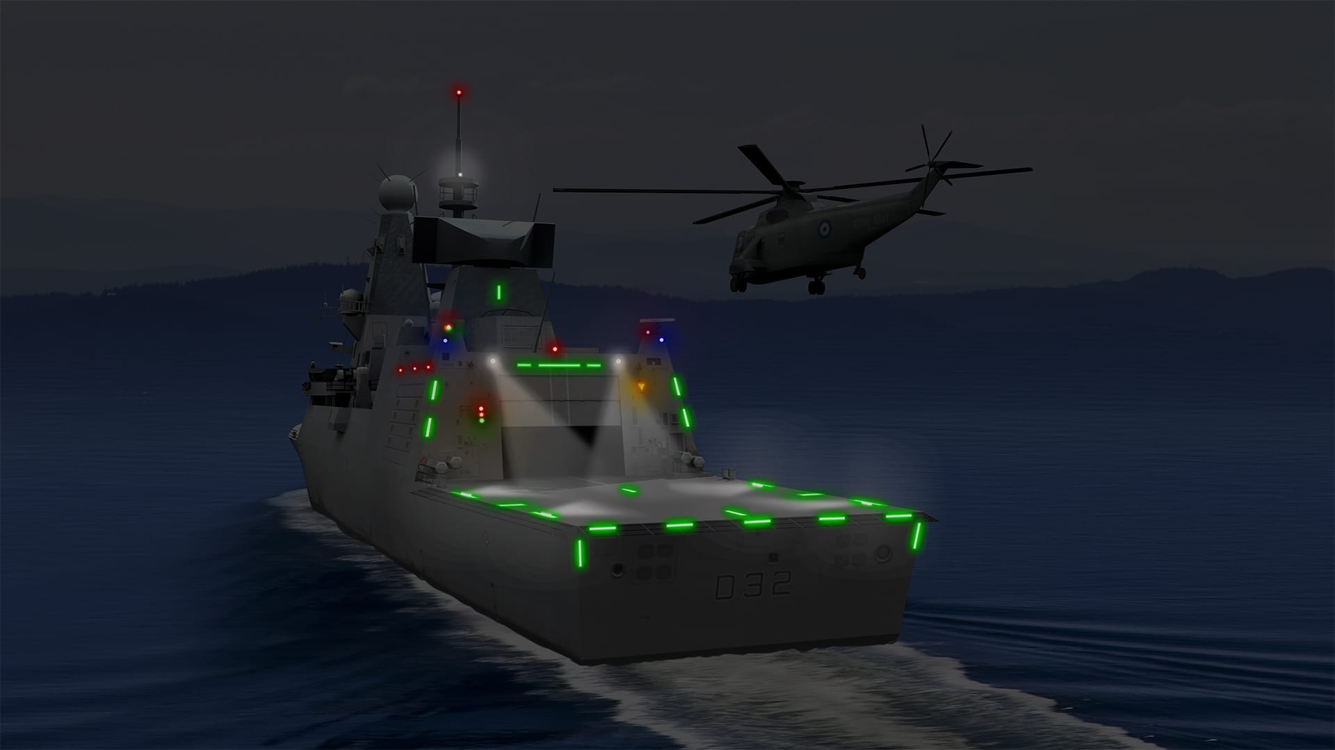 Interactive ship showing helicoptor landing using Aeronautical & General Instruments (AGI) Ltd Visual Landing Aid Lights